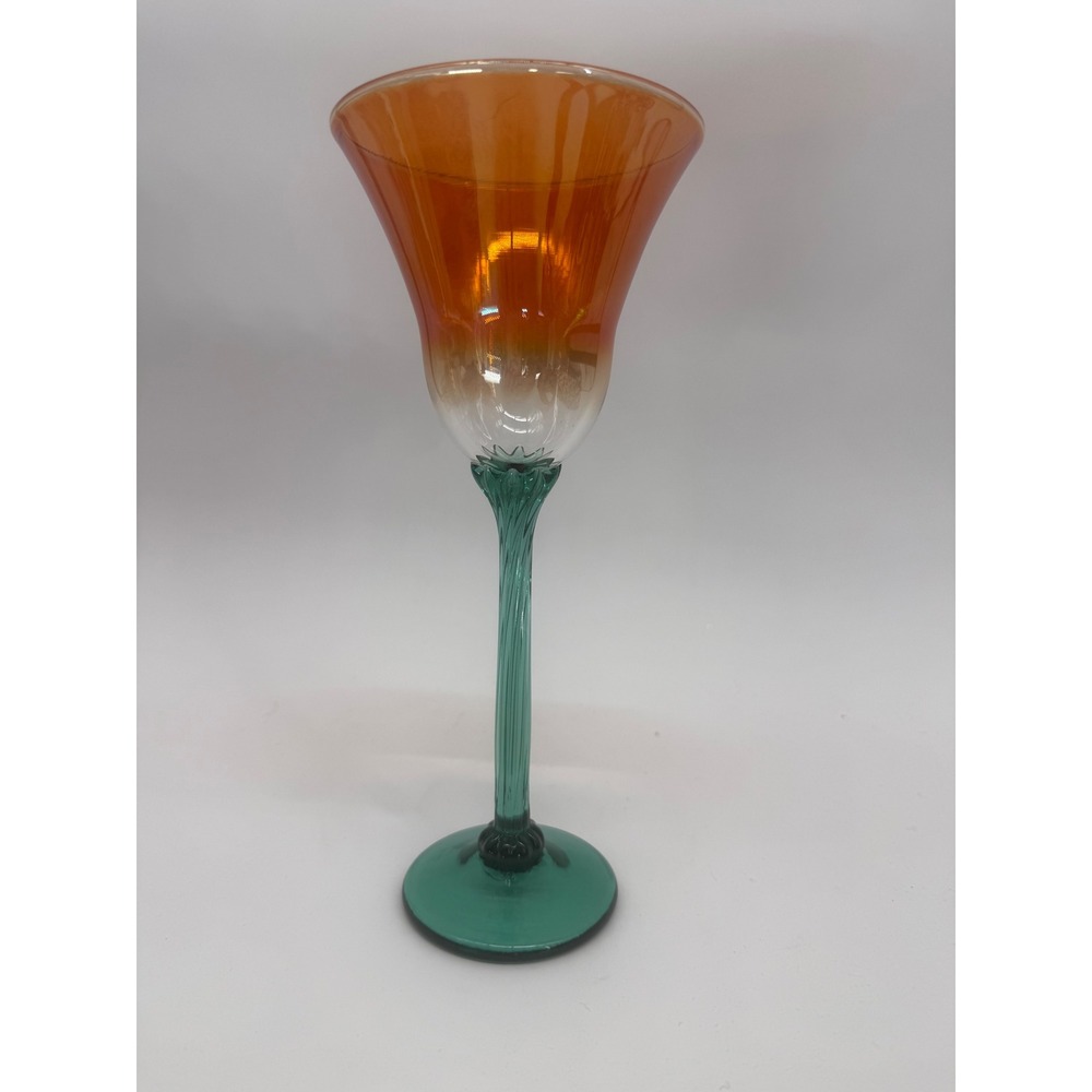 Rick Strini Studio Art Glass Tulip Goblet Iridescent Orange Dark Green Signed